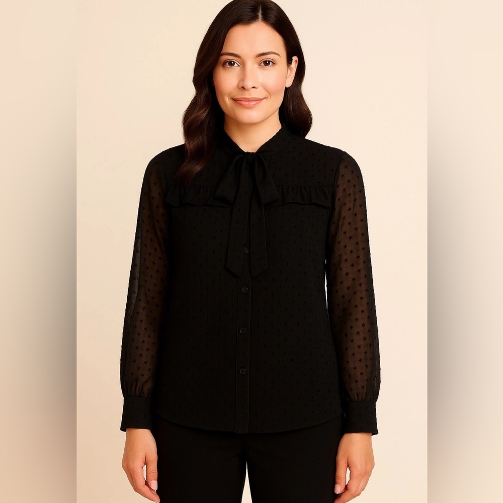 234. NWOT! Ana Black Long Sleeve Swiss Dot Button Up Tie Neck & Ruffle Detail L